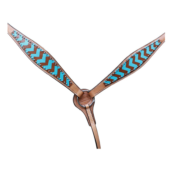 HILASON Western Horse Genuine Leather Headstall and Breast Collar Set Turquoise Brown Zigzag - Uhorse