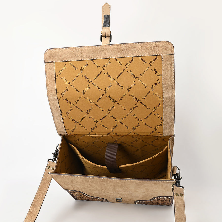 American Darling Hand-Tooled Genuine Suede Leather Western Briefcase – Buckstitch Floral Carved Work Bag with Multiple Compartments – Premium Artisan Craft