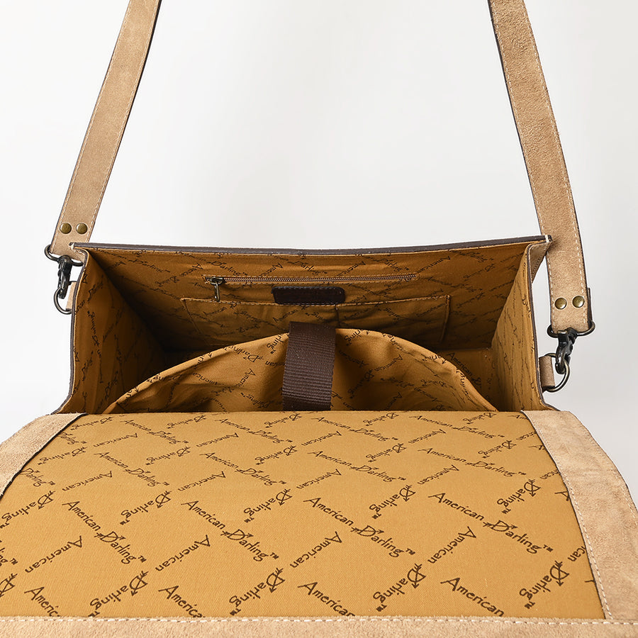 American Darling Hand-Tooled Genuine Suede Leather Western Briefcase – Buckstitch Floral Carved Work Bag with Multiple Compartments – Premium Artisan Craft