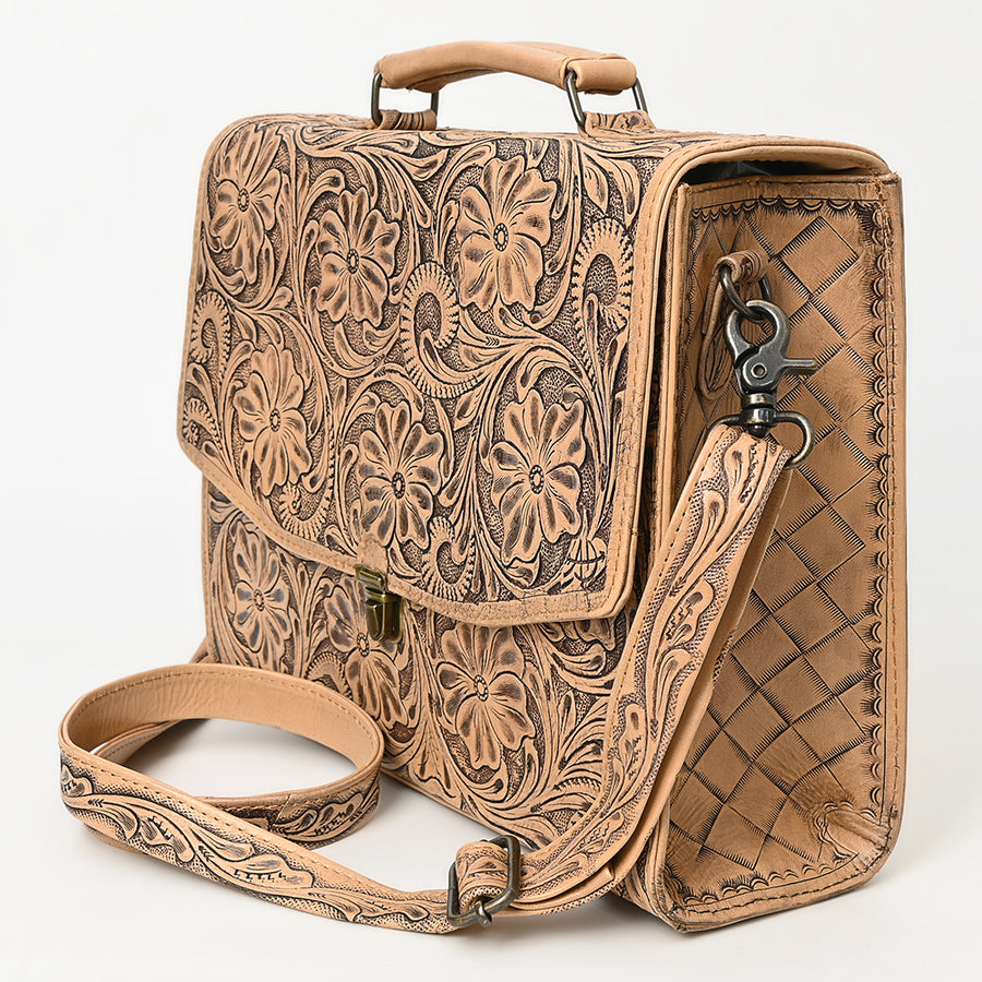 American Darling Western Hand-Tooled Leather Briefcase Bag – Floral Carved Genuine Leather Work Bag with Strap | Premium Artisan Craft