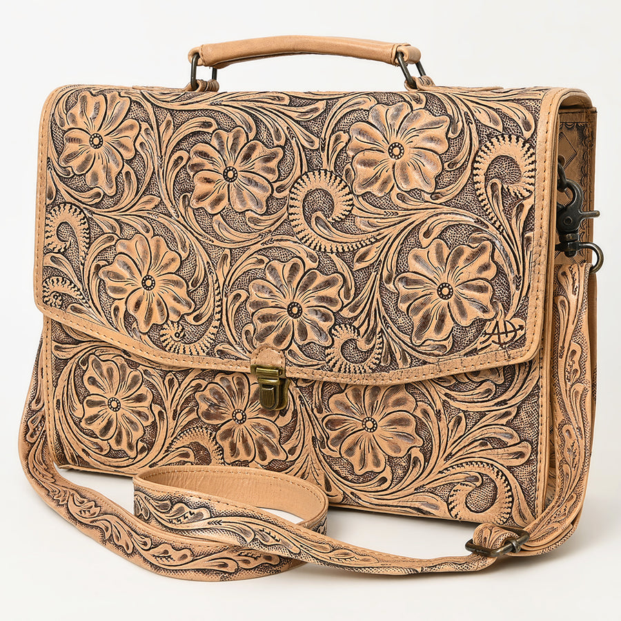 American Darling Western Hand-Tooled Leather Briefcase Bag - Floral Carved Genuine Leather Work Bag - Uhorse