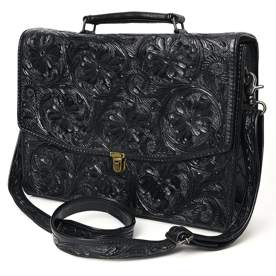 American Darling Western Hand-Tooled Leather Briefcase Bag - Floral Carved Genuine Leather Work Bag - Hilason