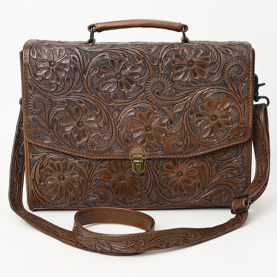 American Darling Western Hand-Tooled Leather Briefcase Bag – Floral Carved Genuine Leather Work Bag with Strap | Premium Artisan Craft