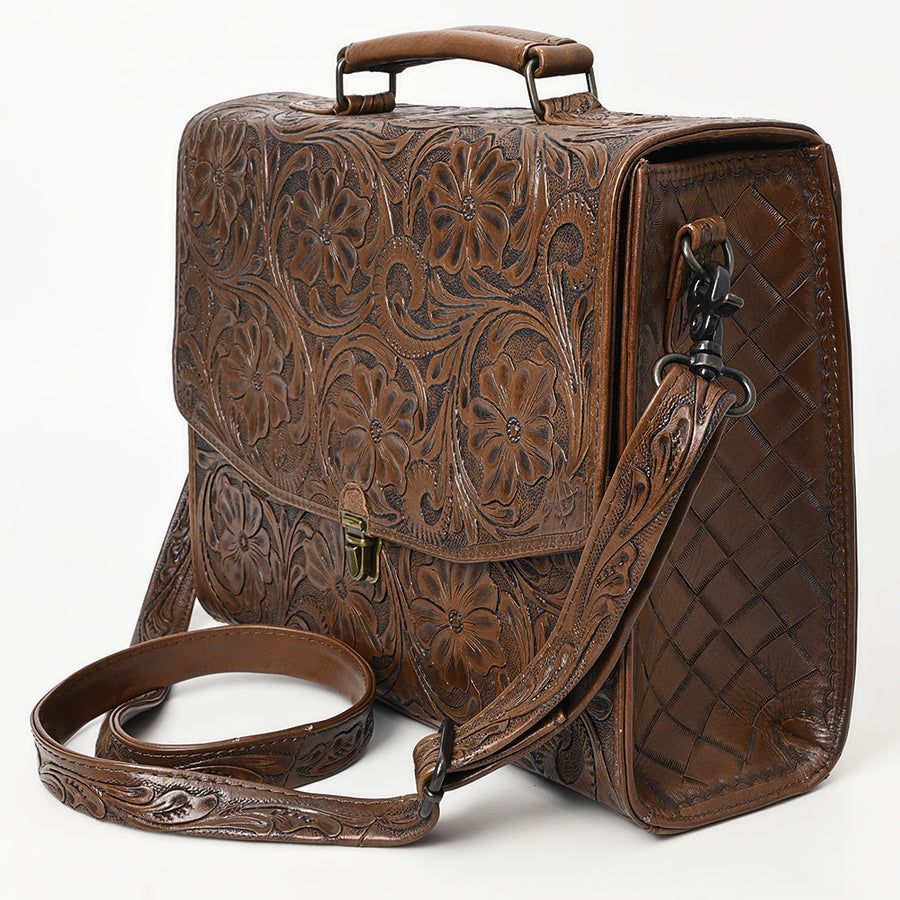 American Darling Western Hand-Tooled Leather Briefcase Bag – Floral Carved Genuine Leather Work Bag with Strap | Premium Artisan Craft