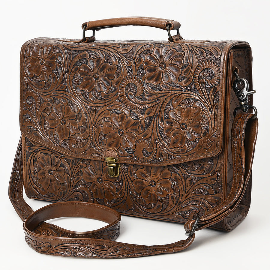 American Darling Western Hand-Tooled Leather Briefcase Bag - Floral Carved Genuine Leather Work Bag - Hilason
