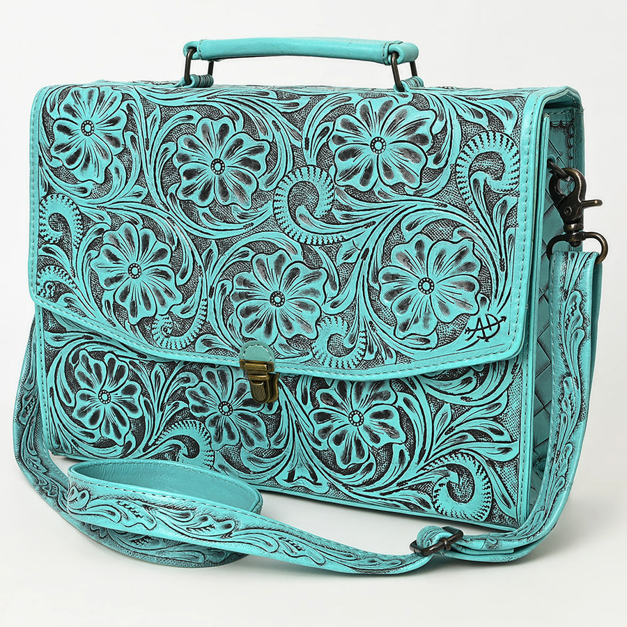 American Darling Western Hand-Tooled Leather Briefcase Bag - Floral Carved Genuine Leather Work Bag - Hilason