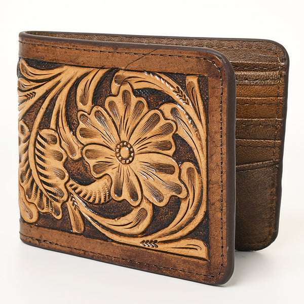 American Darling Hand-Tooled Genuine Leather Western Wallet Bag with Floral Carving and Card Slots - Hilason