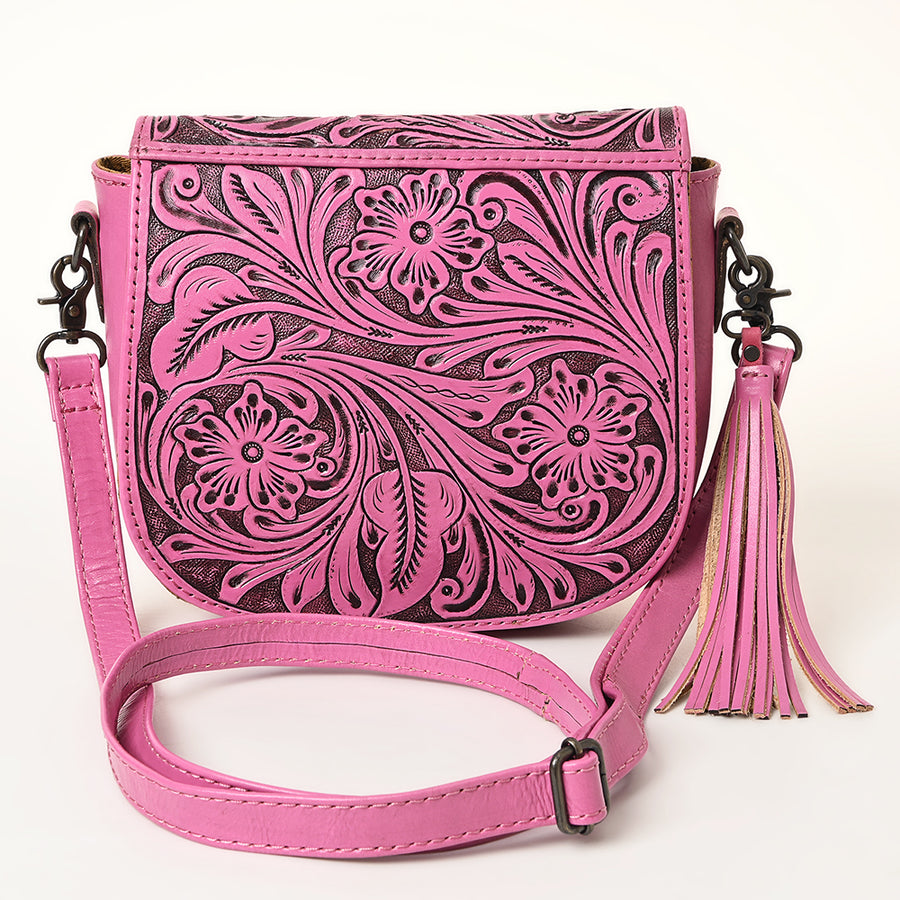 American Darling Hand-Tooled Western Leather Crossbody Bag with Tassel | Genuine Leather Pink Floral Carved Purse | 7in (H) X 8.5in (W) X 2in (D)