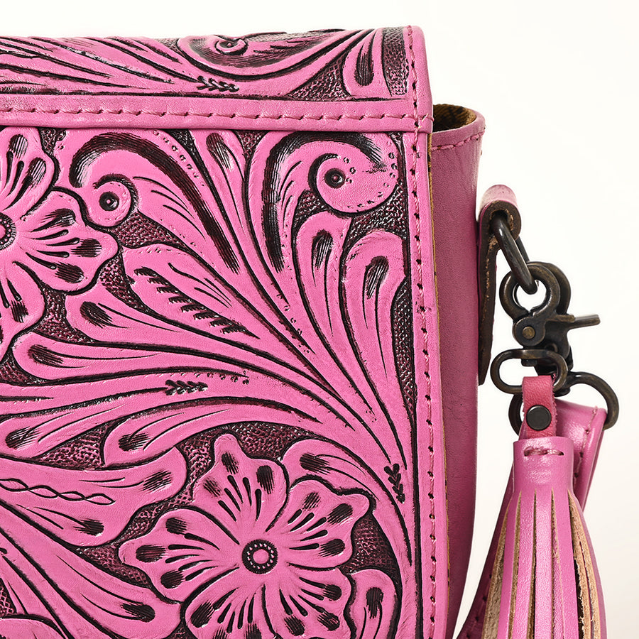 American Darling Hand-Tooled Western Leather Crossbody Bag with Tassel | Genuine Leather Pink Floral Carved Purse | 7in (H) X 8.5in (W) X 2in (D)