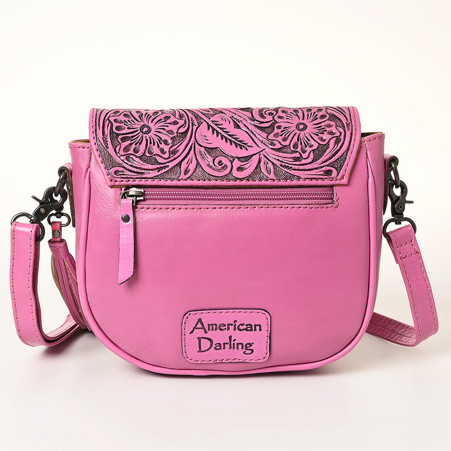American Darling Hand-Tooled Western Leather Crossbody Bag with Tassel | Genuine Leather Pink Floral Carved Purse | 7in (H) X 8.5in (W) X 2in (D)