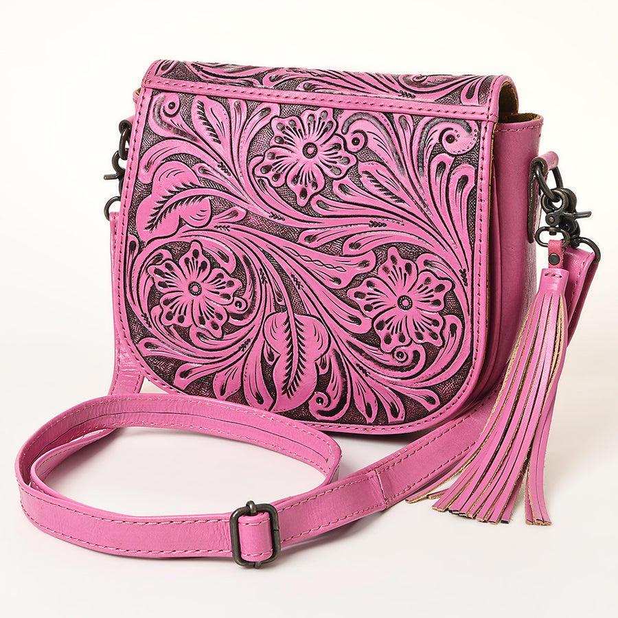 American Darling Hand-Tooled Western Leather Crossbody Bag - Genuine Leather Pink Tassel Purse - Hilason