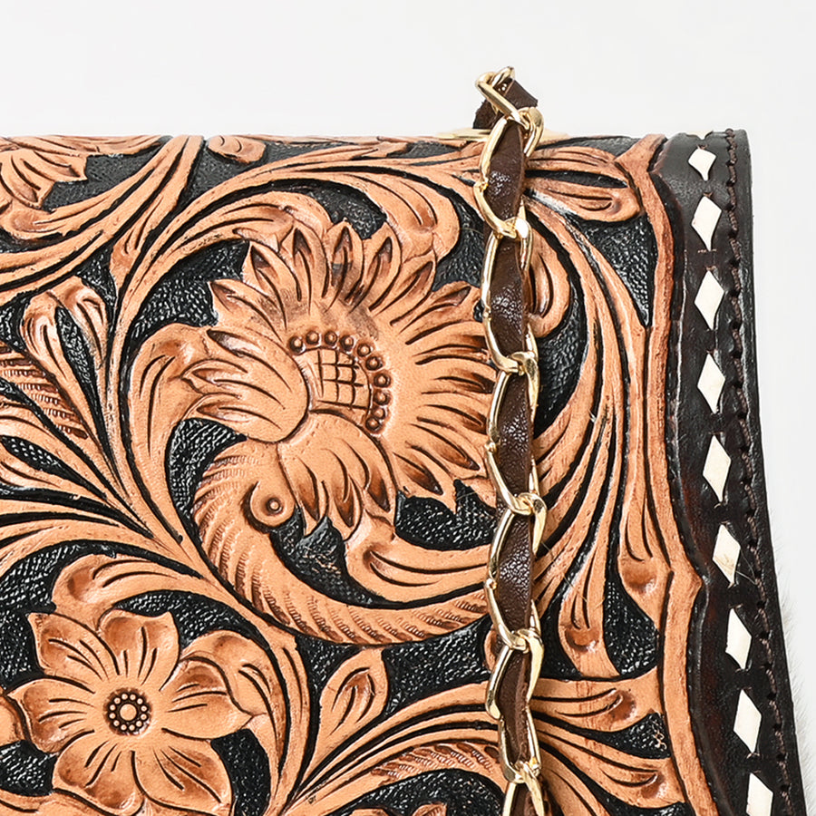 American Darling Western Leather Cross body Bag - Eco-Friendly Full Grain Leather Hand Tooled Floral Carved Hair-On Cowhide Purse