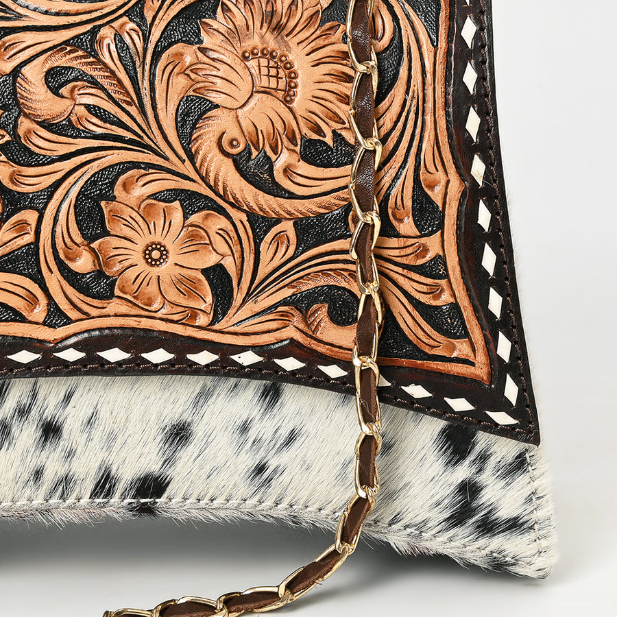 American Darling Western Leather Cross body Bag - Eco-Friendly Full Grain Leather Hand Tooled Floral Carved Hair-On Cowhide Purse