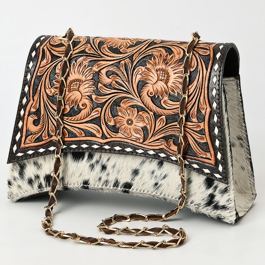 American Darling Western Leather Cross body Bag Hand Tooled Hair-On Cowhide - Uhorse