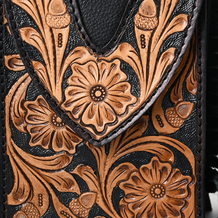 American Darling Western Leather Cell Phone Holder - Eco-Friendly Full Grain Leather Hand Tooled Floral Carved Fringe Case