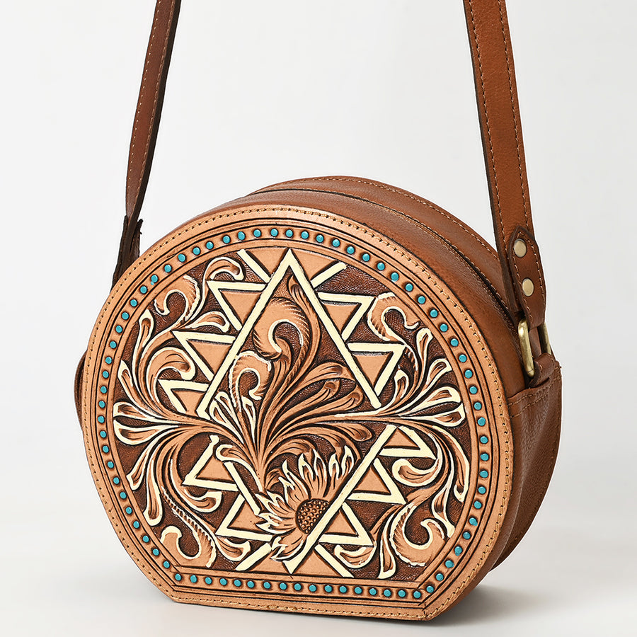 American Darling Western Leather Canteen Bag Hand Tooled Floral Carved Purse - Uhorse