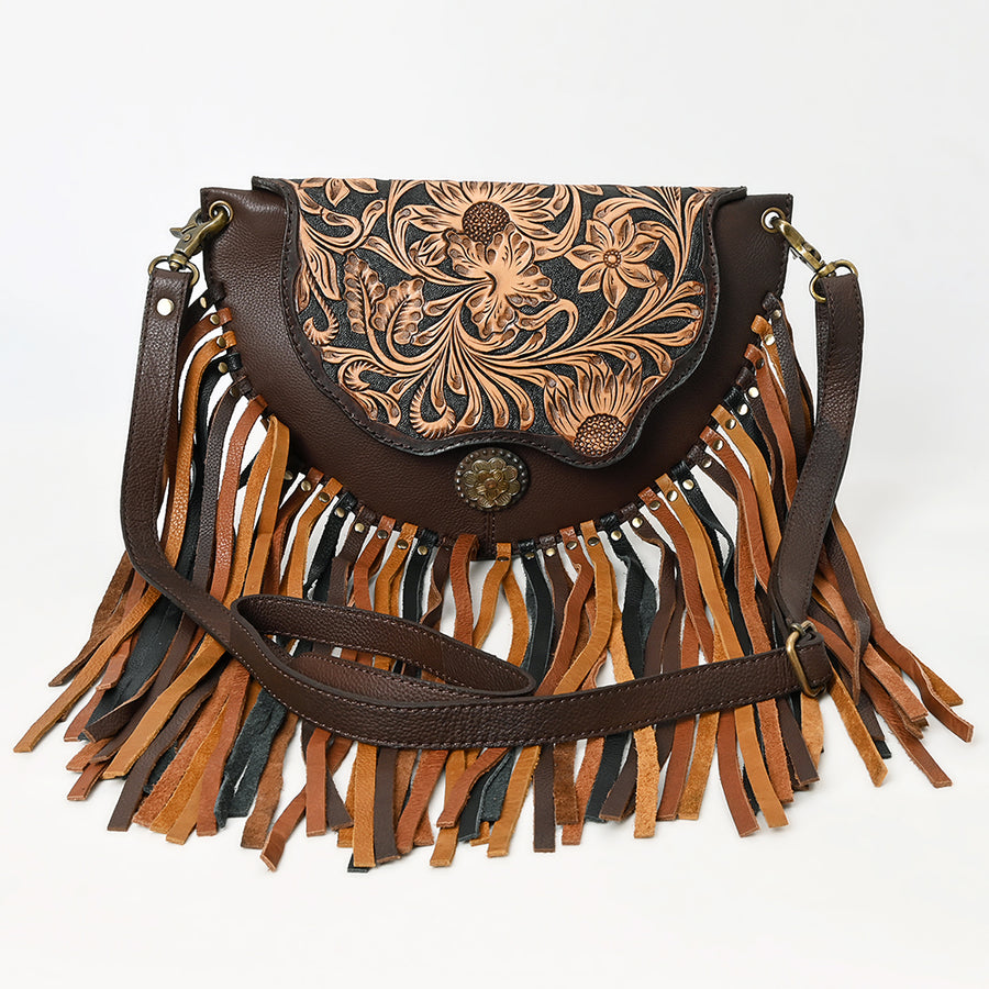 American Darling Western Leather Small Cross body Bag - Eco-Friendly Full Grain Leather Hand Tooled Floral Purse With Fringes