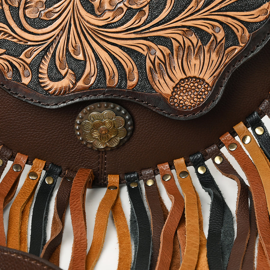 American Darling Western Leather Small Cross body Bag - Eco-Friendly Full Grain Leather Hand Tooled Floral Purse With Fringes