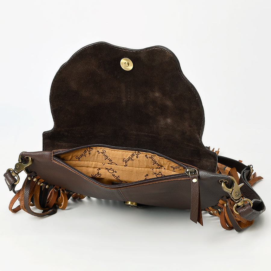 American Darling Western Leather Small Cross body Bag - Eco-Friendly Full Grain Leather Hand Tooled Floral Purse With Fringes