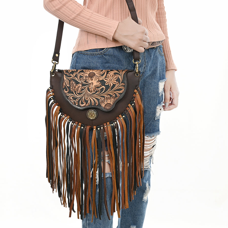 American Darling Western Leather Small Cross body Bag - Eco-Friendly Full Grain Leather Hand Tooled Floral Purse With Fringes
