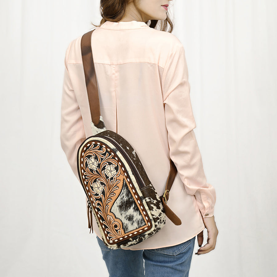 American Darling Hand Tooled Floral Carved Hair-On Cowhide Leather Sling Bag Eco-Friendly Genuine Leather Western Crossbody