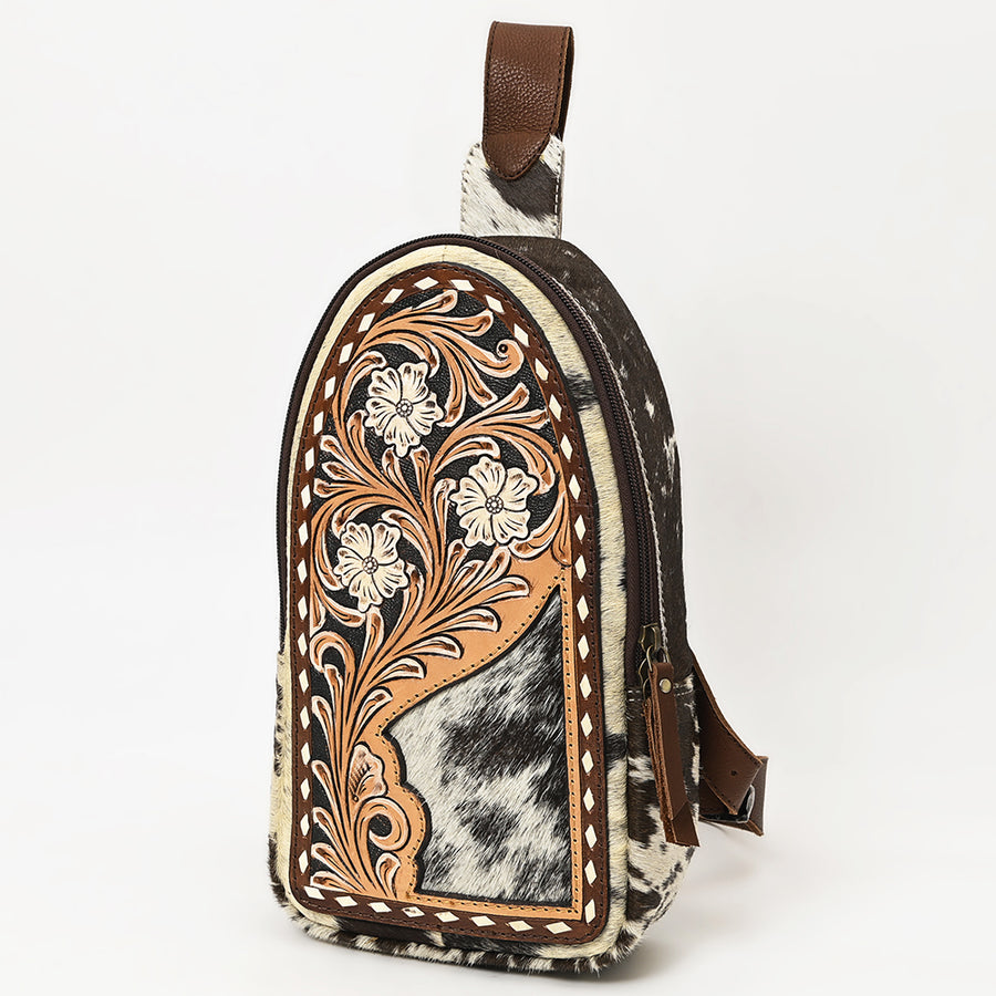 American Darling Hand Tooled Leather Hair-On Cowhide Sling Bag - Uhorse