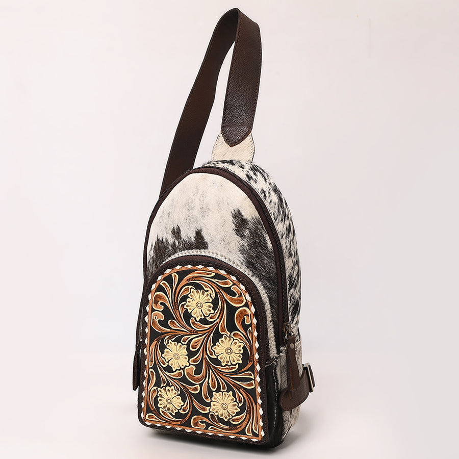 American Darling Hand Tooled Floral Leather and Hair-On Cowhide Sling Bag - Uhorse