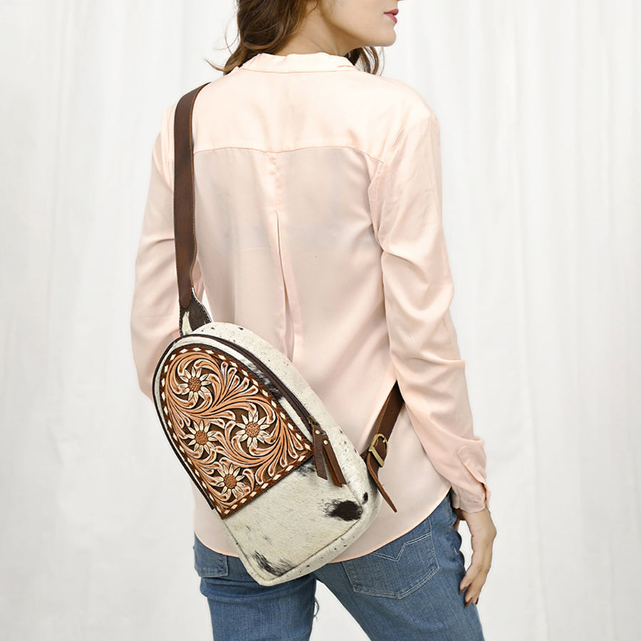American Darling Hand Tooled Floral Carved Hair-On Cowhide Sling Bag Eco-Friendly Genuine Leather Western Crossbody