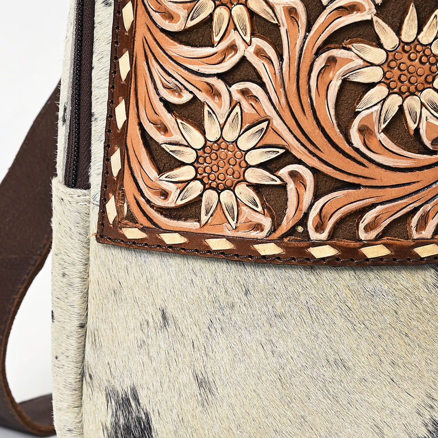 American Darling Hand Tooled Floral Carved Hair-On Cowhide Sling Bag Eco-Friendly Genuine Leather Western Crossbody