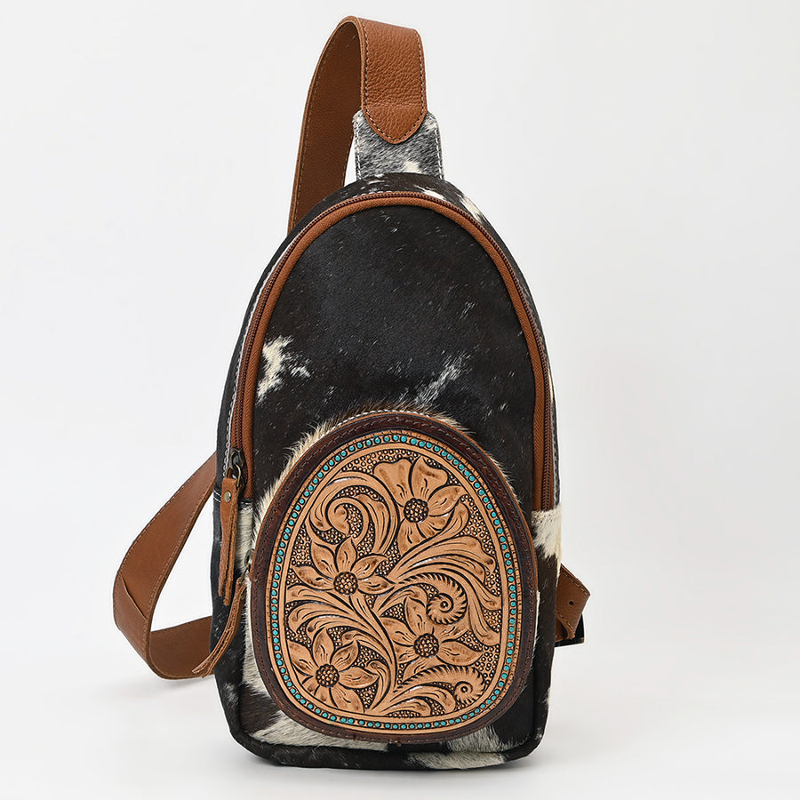 American Darling Hand Tooled Floral Carved Hair-On Cowhide Sling Bag Eco-Friendly Genuine Leather Western Crossbody