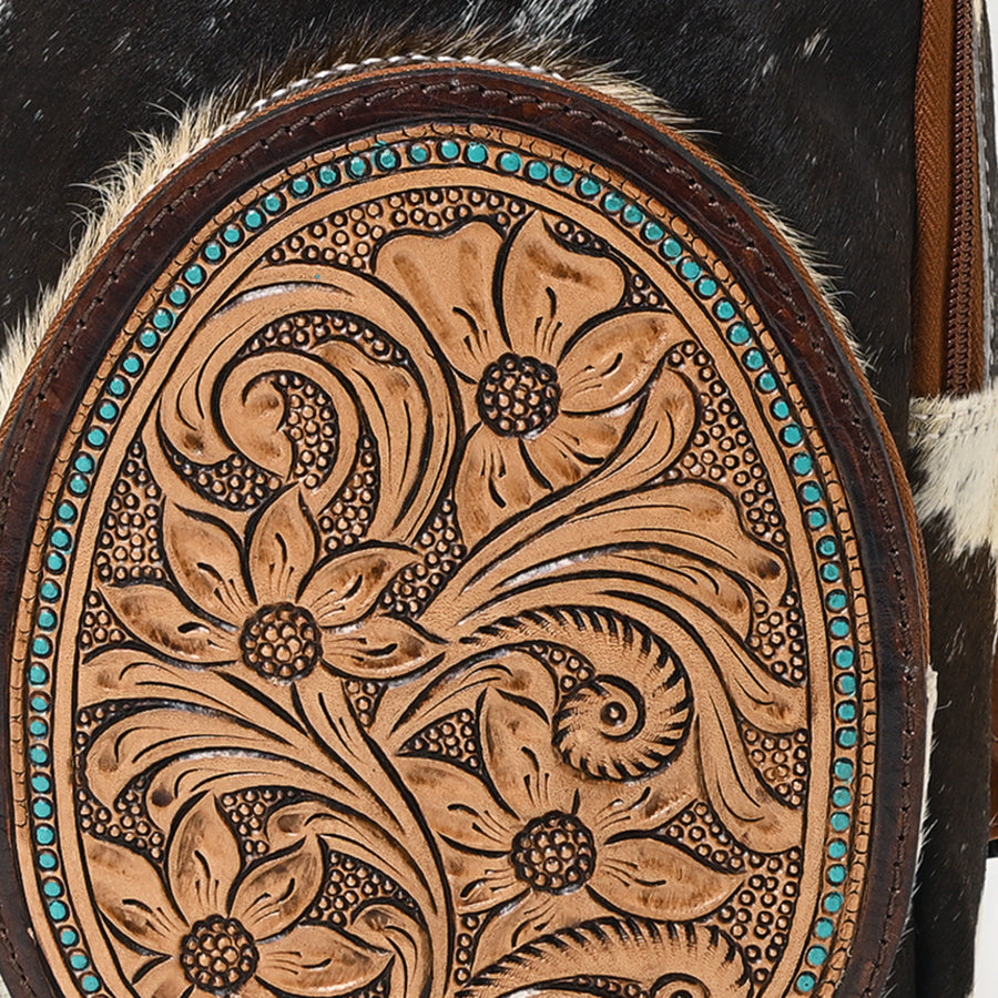 American Darling Hand Tooled Floral Carved Hair-On Cowhide Sling Bag Eco-Friendly Genuine Leather Western Crossbody