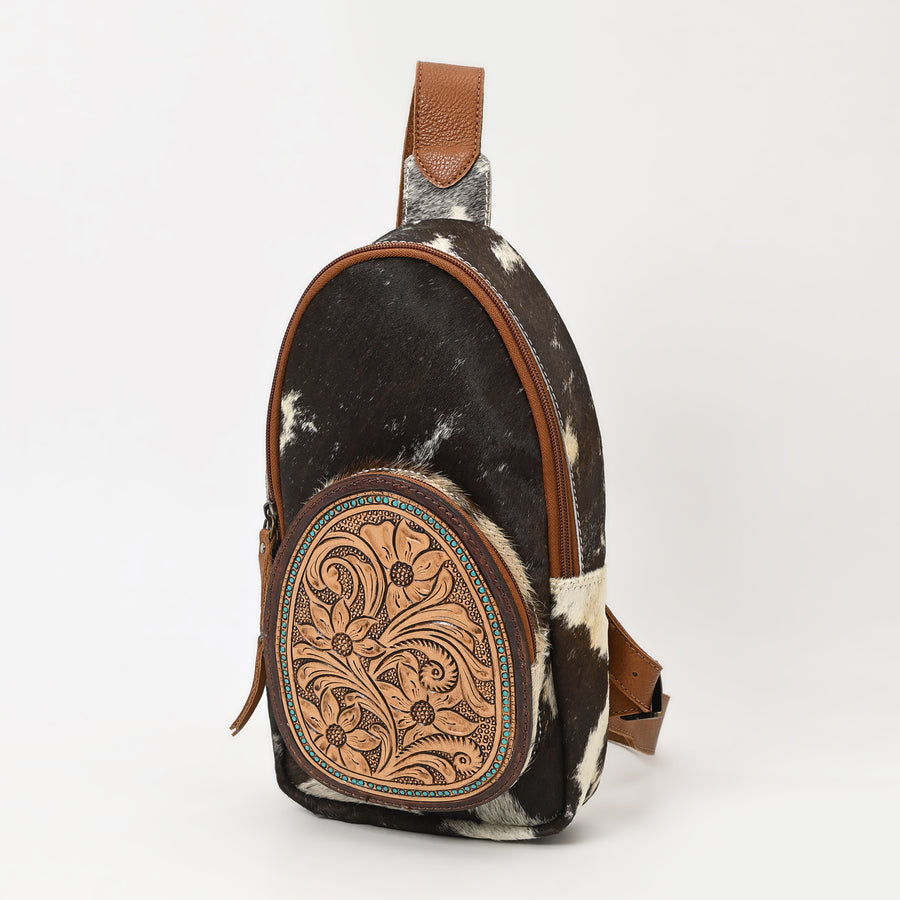 American Darling Hand Tooled Floral Leather Hair-On Cowhide Sling Bag - Uhorse