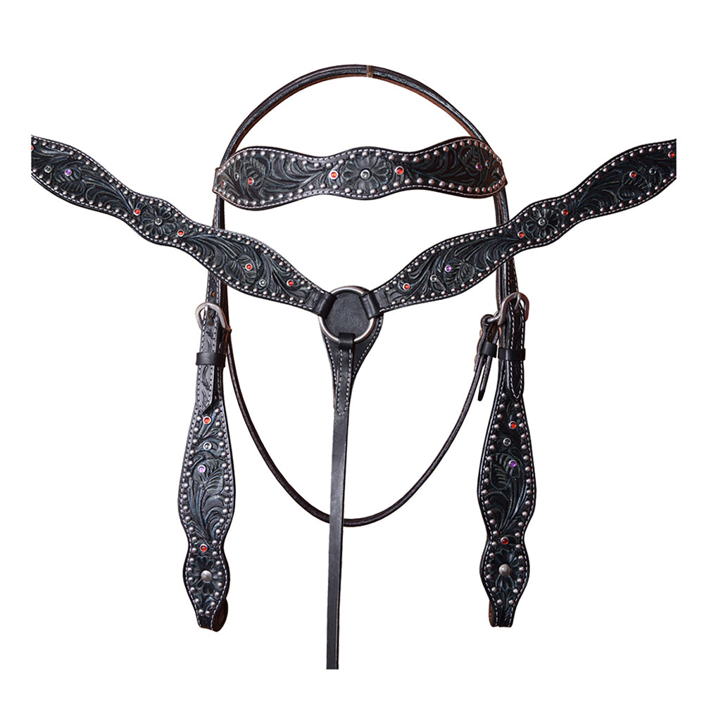 HILASON Western  Horse Leather Headstall & Breast Collar Set Floral Black