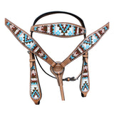 HILASON Western Horse Genuine Leather Headstall & Breast Collar Set Geometry