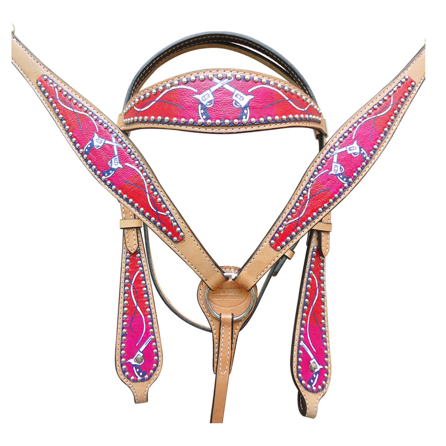 HILASON Western Horse Genuine American Leather Headstall & Breast Collar Set Red Cross Gun Printed