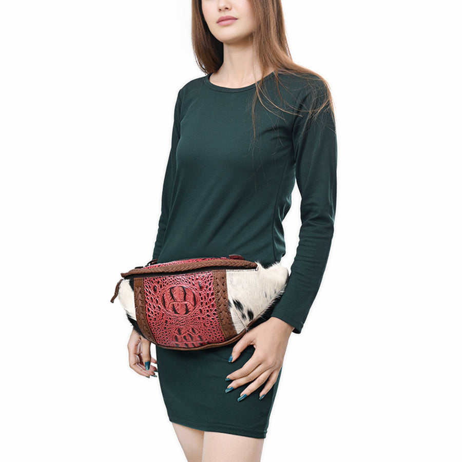 American Darling Western Leather Fanny Pack with Hair-On Cowhide, Crocodile Embossed Detail & Adjustable Strap – Genuine Leather
