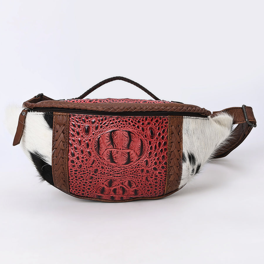 American Darling Western Leather Fanny Pack with Hair-On Cowhide, Crocodile Embossed Detail & Adjustable Strap – Genuine Leather