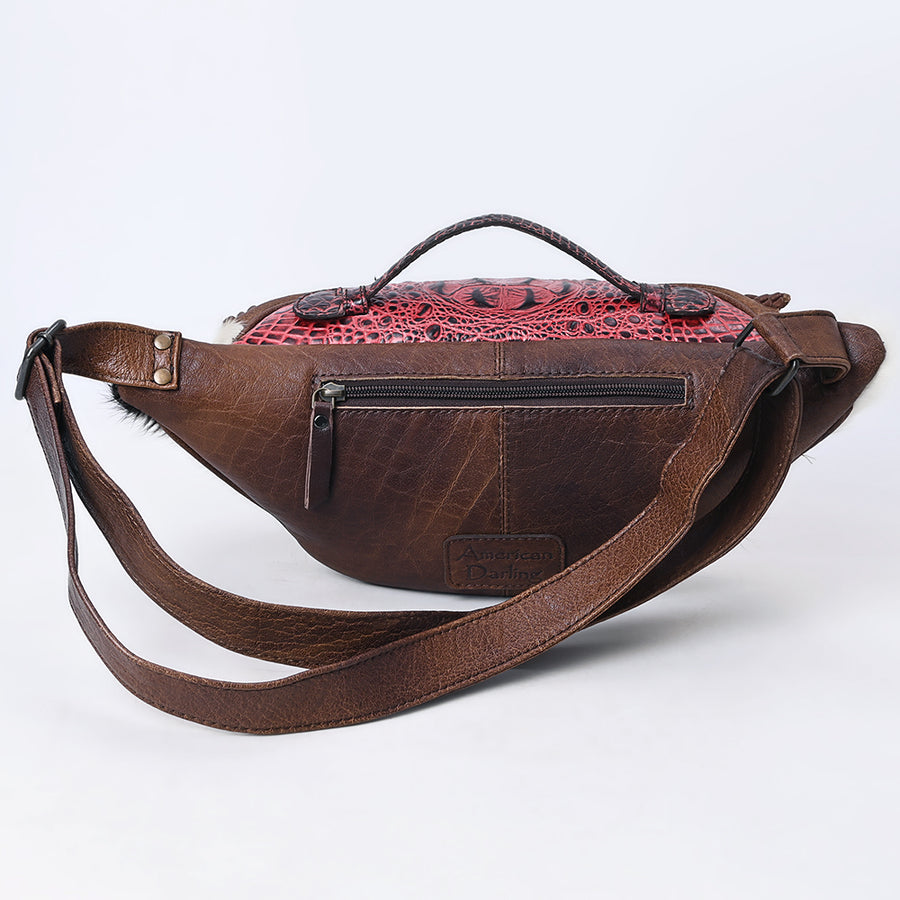 American Darling Western Leather Fanny Pack with Hair-On Cowhide, Crocodile Embossed Detail & Adjustable Strap – Genuine Leather