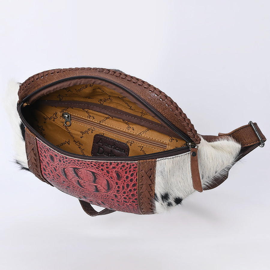 American Darling Western Leather Fanny Pack with Hair-On Cowhide, Crocodile Embossed Detail & Adjustable Strap – Genuine Leather