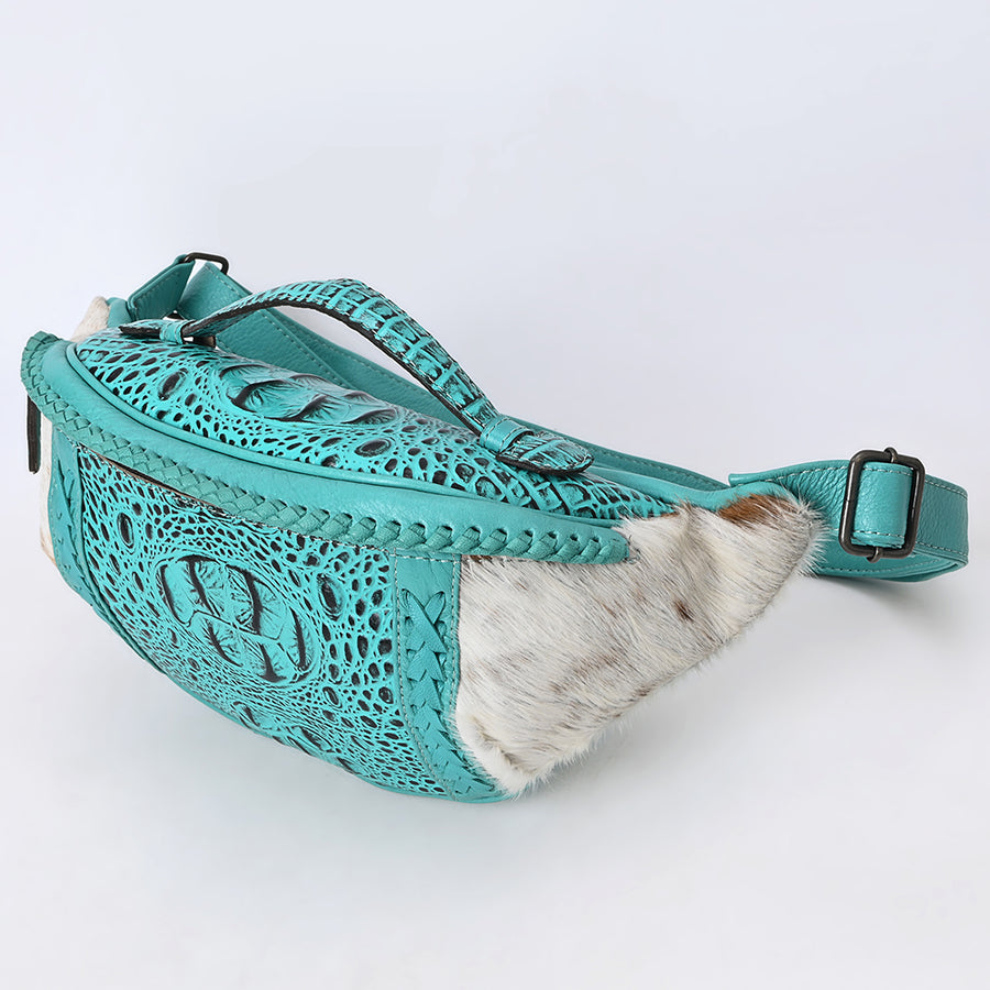 American Darling Western Leather Fanny Pack with Hair-On Cowhide, Crocodile Embossed Detail & Adjustable Strap – Genuine Leather