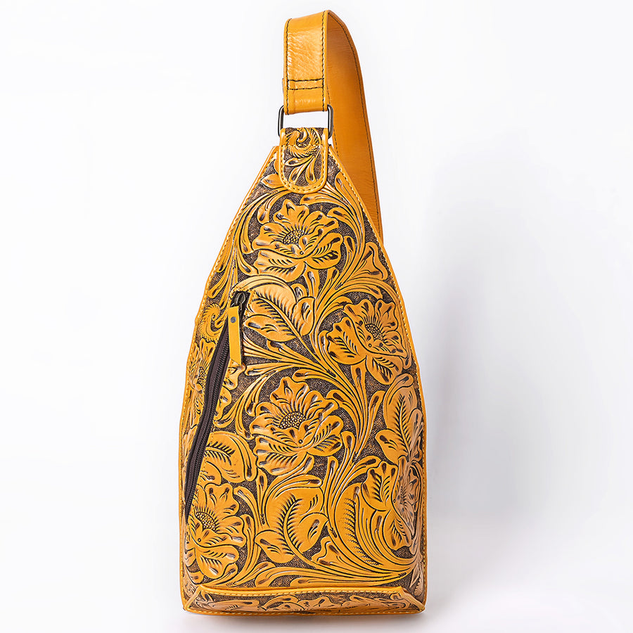 American Darling Hand-Tooled Western Leather Sling Bag – Genuine Leather Floral Carved Sling Crossbody with Adjustable Strap