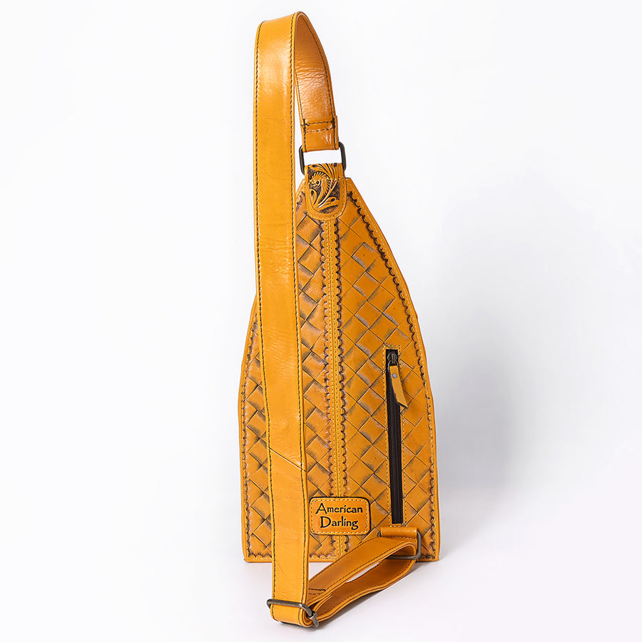 American Darling Hand-Tooled Western Leather Sling Bag – Genuine Leather Floral Carved Sling Crossbody with Adjustable Strap