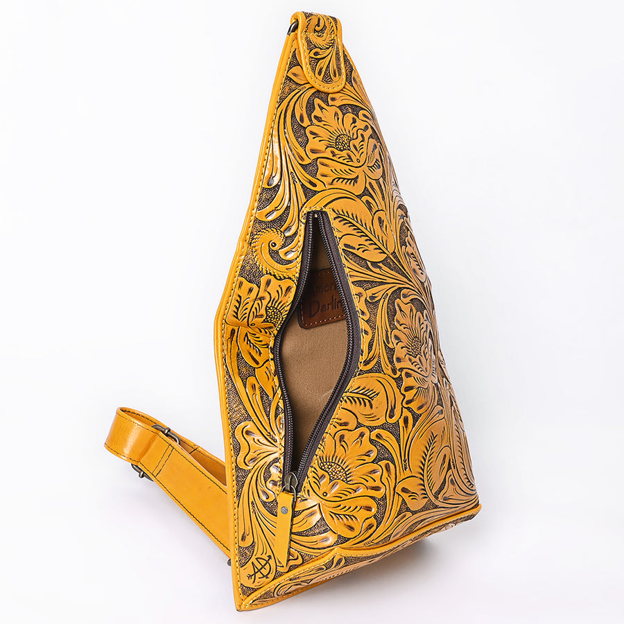 American Darling Hand-Tooled Western Leather Sling Bag – Genuine Leather Floral Carved Sling Crossbody with Adjustable Strap