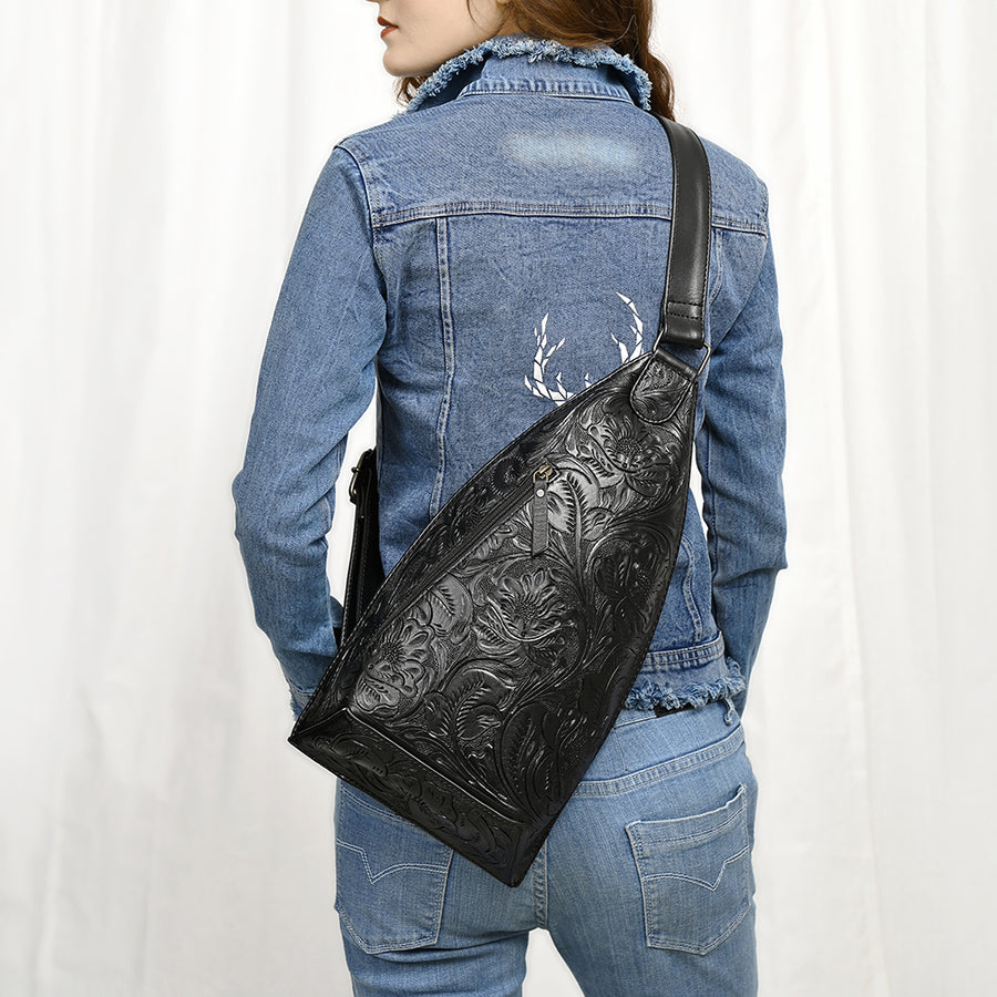 American Darling Hand-Tooled Western Leather Sling Bag – Genuine Leather Floral Carved Sling Crossbody with Adjustable Strap