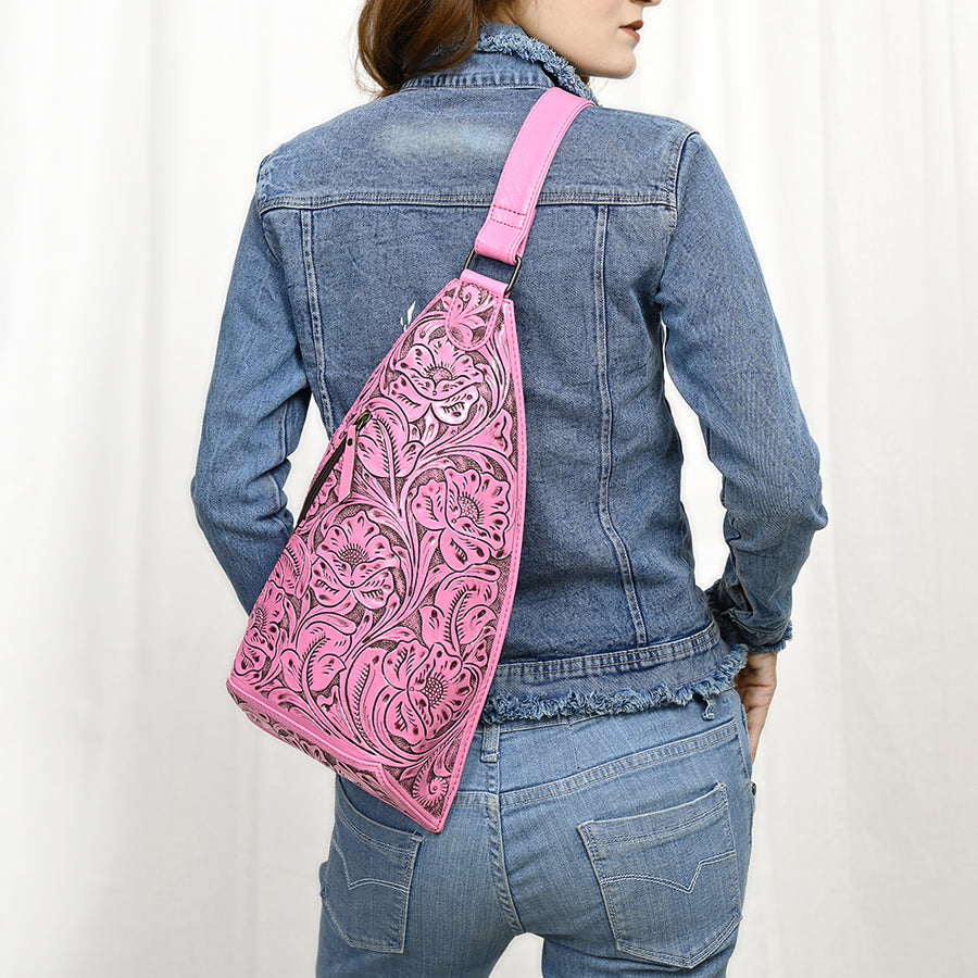 American Darling Hand-Tooled Western Leather Sling Bag – Genuine Leather Floral Carved Sling Crossbody with Adjustable Strap