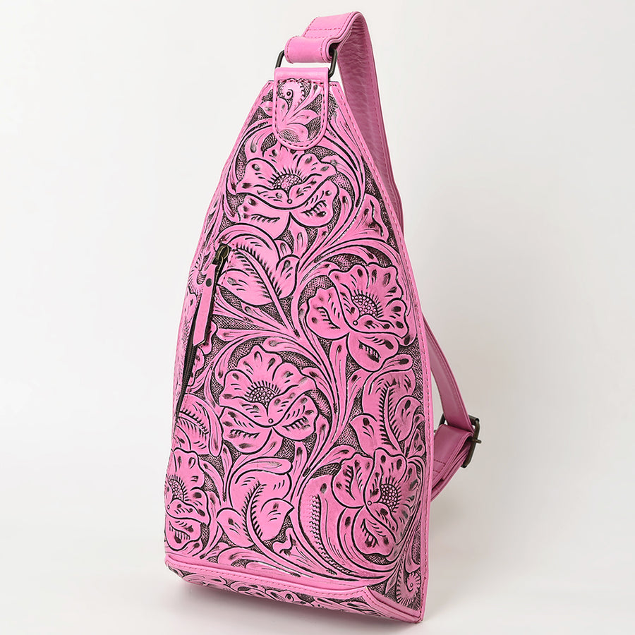 American Darling Pink Hand Tooled Leather Sling Bag - Western Floral Carved Crossbody - Uhorse