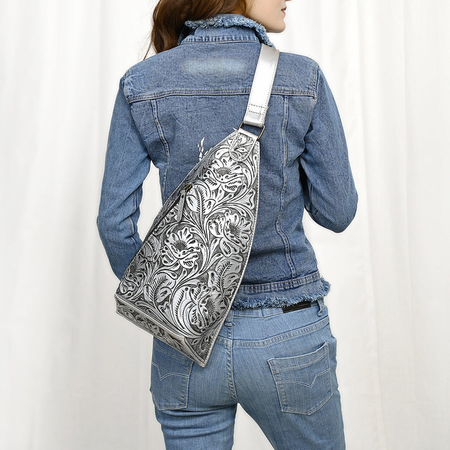 American Darling Hand-Tooled Western Leather Sling Bag – Genuine Leather Floral Carved Sling Crossbody with Adjustable Strap