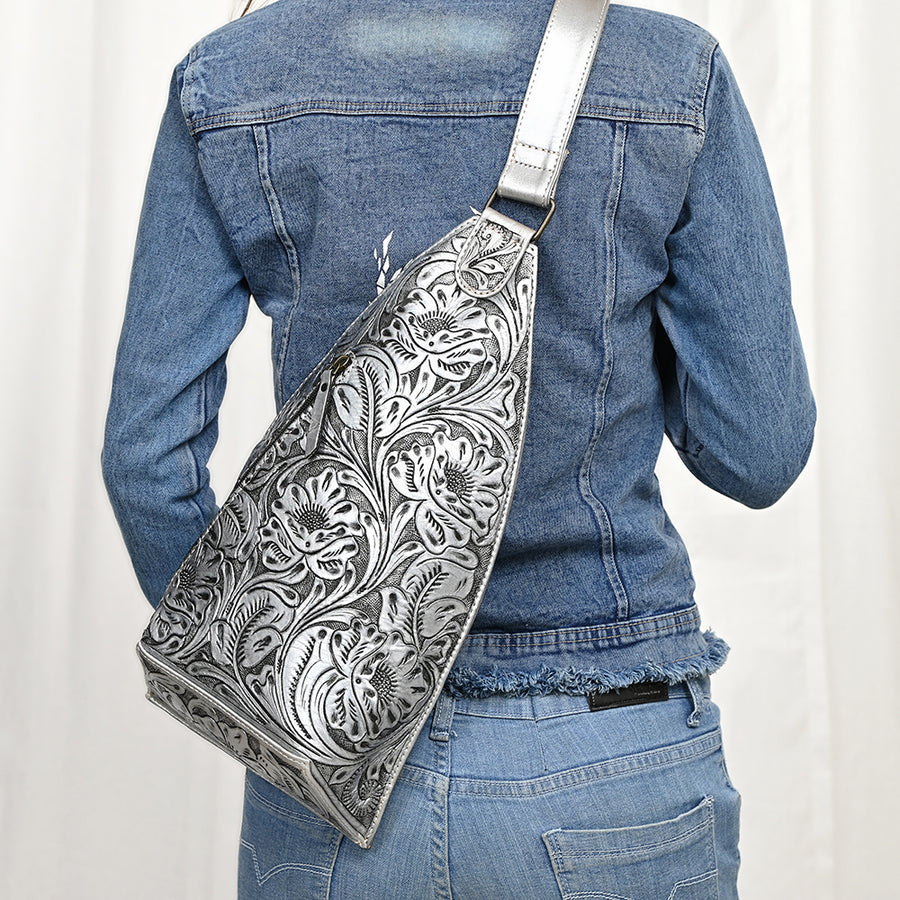 American Darling Hand-Tooled Western Leather Sling Bag – Genuine Leather Floral Carved Sling Crossbody with Adjustable Strap