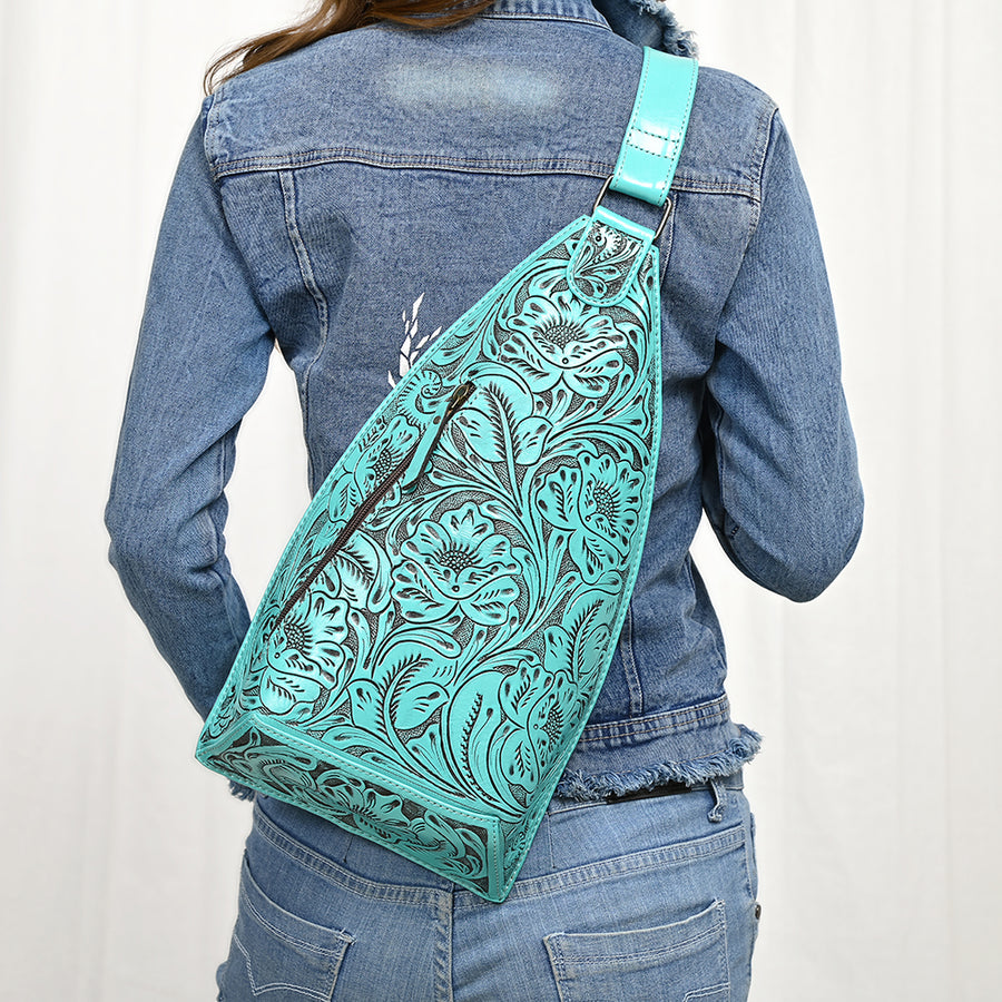 American Darling Hand-Tooled Western Leather Sling Bag – Genuine Leather Floral Carved Sling Crossbody with Adjustable Strap