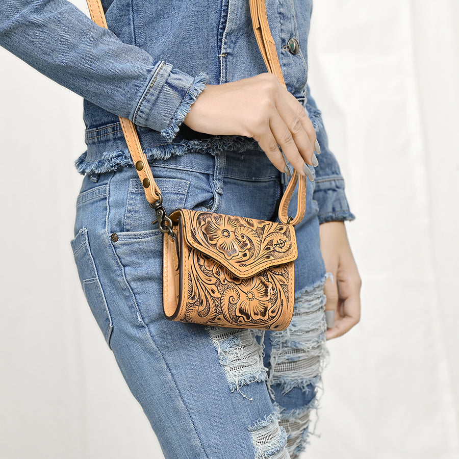 American Darling Hand Tooled Genuine Leather Western Wallet Bag – Compact Crossbody with Premium Craftsmanship for Everyday Use